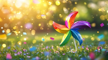 A vibrant rainbow pinwheel twirling in a joyful celebration amidst a shower of confetti and sparkling sunlight in a lush green field.