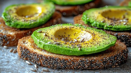 Freshly prepared avocado slices on whole grain toast with seasoning on a rustic table