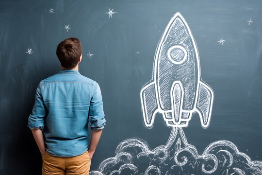 Individual with rocket chalkboard for career mentorship representation symbolism  
