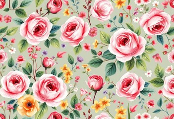 Naklejka premium Seamless watercolor floral pattern featuring roses, wildflowers, leaves, and branches; perfect for tile backgrounds, green, bloom