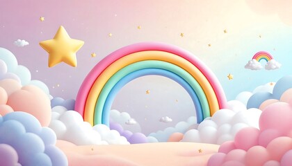 Pastel Rainbow and Star Landscape with Fluffy Clouds and Dreamy Sky