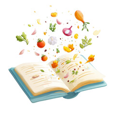 Open Cookbook with Flying Vegetables and Herbs A Culinary Delight Recipe Book Illustration