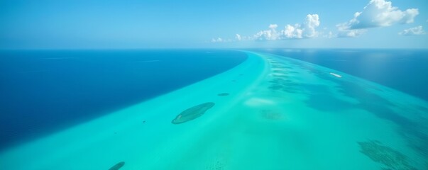 Fototapeta premium Serene aerial shot of turquoise sea blending into clear blue sky, ocean, horizon, peaceful