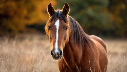 Obraz premium Chestnut horse portrait in a field with a blurred autumn foliage background