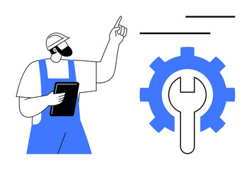 Engineer holding tablet in uniform gestures toward gear with wrench inside. Ideal for technology, maintenance, repair, engineering, industry processes, problem-solving, and innovation. Flat simple