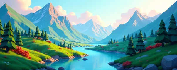 Gardinen Serene low poly mountain landscape with winding river and lush trees, low poly, river, nature © Teepanun