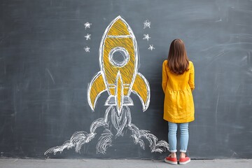 Individual at chalkboard with rocket for career growth mentorship symbolism  

