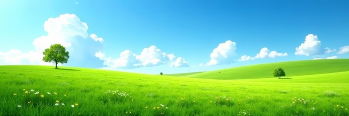 Fototapeta premium Serene landscape with clear blue sky and lush meadow, landscape, clear sky, meadow