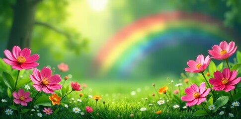 Fototapeta premium Serene nature setting with blooming flowers, fresh green foliage, and a magical rainbow in the background, serene, green, foliage