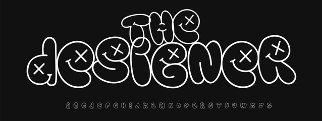 Bubble Graffiti Outline Font, Fun Urban Alphabet, Cool Drip Letters. Youth Comic Typeface for Hip Hop Street Art, Tee Slogan, Lettering, Trend Poster Typography, Funk Culture Design. Vector Typeset