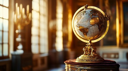 A regal antique globe, bathed in warm sunlight, stands as a symbol of exploration and discovery within a grand, opulent palace setting, showcasing intricate gold detailing and a soft-focus background.