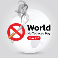 World Tobacco Day concept with cigarette, smoke and stop sign to become aware of lung health. Important day on 31 May. Flat vector illustration.