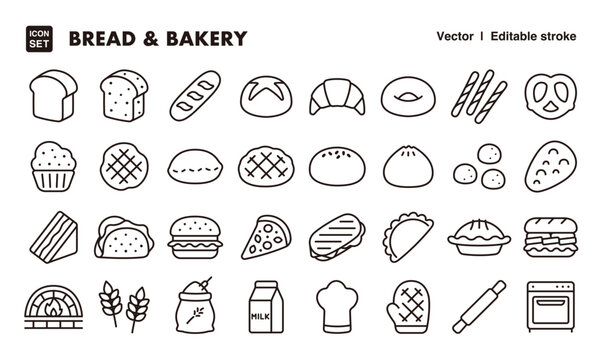 Bread and bakery line icon set. Vector editable stroke icon.