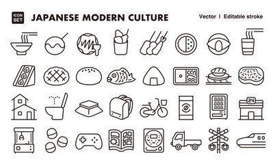 Japanese modern culture line icon set. Vector editable stroke icon.