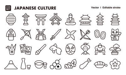 Japanese traditional culture line icon set. Vector editable stroke icon.