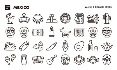 Mexico line icon set. Vector editable stroke icon.