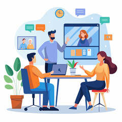 A group of people are sitting around a table with a laptop and a clock on the wall. They are discussing something important