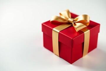 Fototapeta premium Shiny red gift box with satin gold ribbon on elegant white background, surprise, elegant, festive