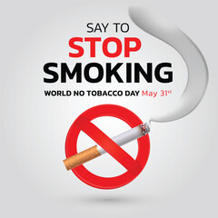 World Tobacco Day concept with cigarette, smoke and stop sign to become aware of lung health. Important day on 31 May. Flat vector illustration.