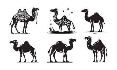  Set of simple black drawn camel icon silhouette vector on white background.