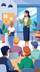 A woman is giving a presentation to a group of people. The presentation is about a new product. The people in the audience are listening attentively
