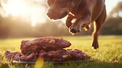 A playful brown dog lunging towards a delicious pile of juicy, glistening barbeque ribs in a sun-drenched grassy field with warm golden light.
