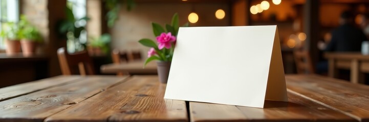 Simple blank tent card on rustic wooden table for event or restaurant, rustic, card, tent