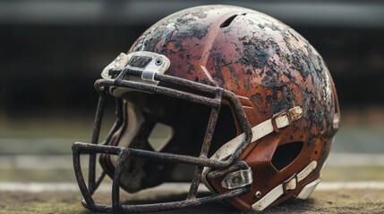 Fototapeta premium A worn-out football helmet showing battle scars from years of games