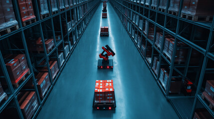 Overhead angle of warehouse floor, robotic arms maneuver parcels onto color-coded pallets, surrounded by rows of storage racks
