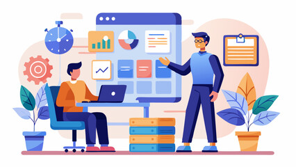 A man is standing in front of a white board with a man sitting behind him. The board has a lot of graphs and numbers on it. The man sitting is using a laptop