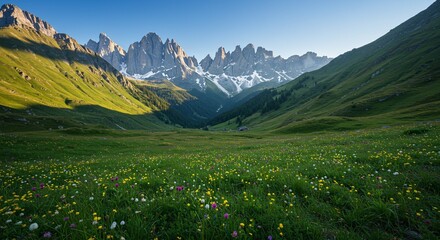 Idyllic mountain landscape in the Alps with blooming meadows in springtime