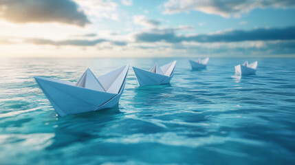 Obraz premium White Paper Boats Sailing on a Calm Blue Ocean at Sunset