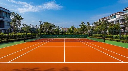 Bright orange tennis court outdoors in residential neighborhood against blue sky