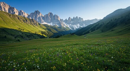 Fototapeta premium Idyllic mountain landscape in the Alps with blooming meadows in springtime