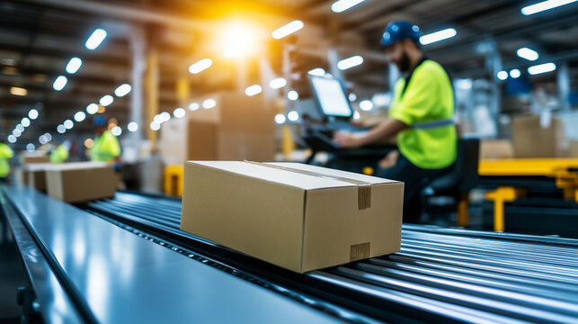 Smooth, continuous movement of cardboard boxes on factory conveyor belt under fluorescent lights, workers monitor progress in the background