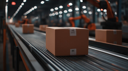 Detailed shot of factory conveyor belt transporting high-quality cardboard boxes for distribution, robotic arms performing quality checks
