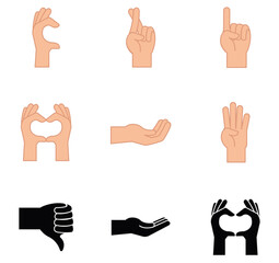 A collection of nine vector illustrations displaying various hand gestures and signs, including a hand forming a 'OK' shape, fingers crossed, a pointing finger