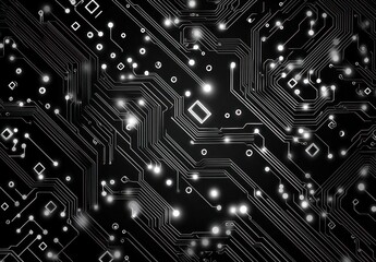 Abstract Black and White Circuit Board Design with Glowing Lights and Complex Patterns for Digital Technology Concepts