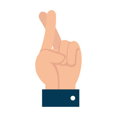 A vector illustration depicting a hand with the index and middle fingers crossed, with a dark blue sleeve and white button, symbolizing good luck
