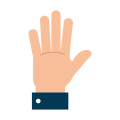 A vector illustration depicting an open hand showing all five fingers, with a dark blue sleeve and white button, representing a greeting