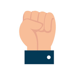 A vector illustration depicting a raised clenched fist with a dark blue sleeve and a white button, symbolizing power, strength, resistance, revolution, defiance, solidarity, control