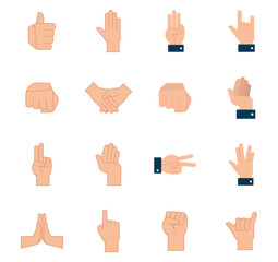 Vector Illustration Collection of Sixteen Hand Gesture Icons, Showing Different Positions and Meanings, Wearing Formal Cuffs on Wrists.
