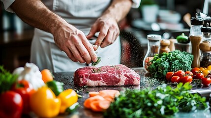 Chef seasoning beef steak with herbs in professional restaurant kitchen