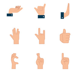 Vector Illustration Collection of Nine Hand Gesture Icons, Showing Different Positions and Meanings, Wearing Formal Cuffs on Wrists.