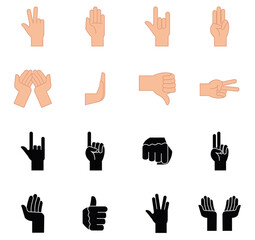 Fototapeta premium Vector Illustration Set of Sixteen Hand Gesture Icons, Showing Different Positions and Meanings in Both Color and Silhouette Styles.