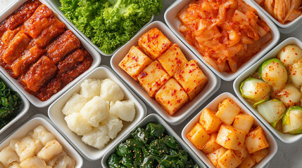 Various Korean home-style side dishes served in modern white bowls viewed from above symbolizing harmony variety and cultural richness in everyday Asian cuisine bright and inviting atmosphere


