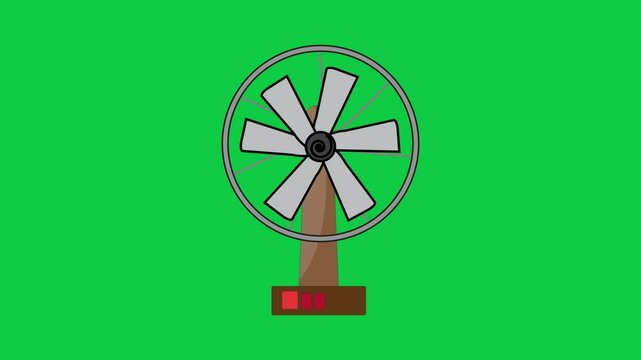 Table fan rotating in a seamless green screen loop animation designed for easy compositing and motion graphics use.