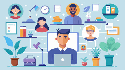 A man is the center of a diagram with many people and objects around him. The man is smiling and he is the leader of the group. The diagram is colorful and has a playful, friendly vibe