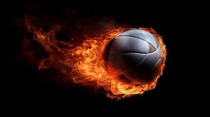 Naklejka premium Fiery volleyball in motion against a dark background.