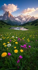Fototapeta premium Idyllic mountain landscape in the Alps with blooming meadows in springtime
